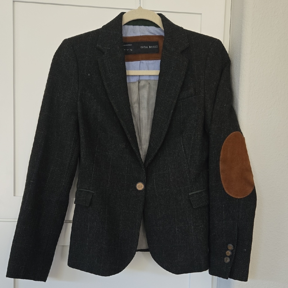 Zara Charcoal/Dark Green Lambswool Blazer with Tan Elbow Patches